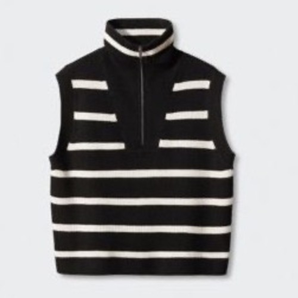 Mango MNG Striped Knit Vest Black White Quarter Zip Sweater‎ Top Womens XL G3